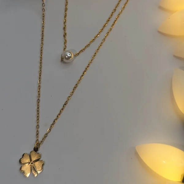 Golden Clover Pearl 2 Layer Necklace - Image 2
