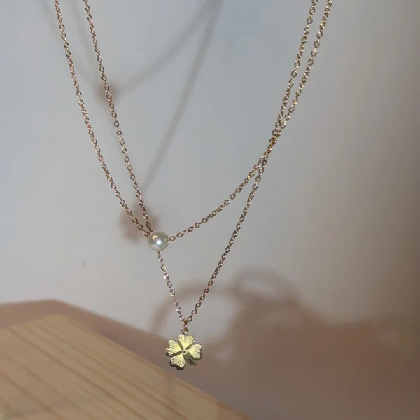 Golden Clover Pearl 2 Layer Necklace - Image 3