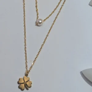 Golden Clover Pearl 2 Layer Necklace