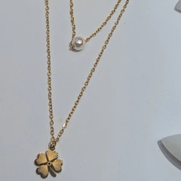 Golden Clover Pearl 2 Layer Necklace