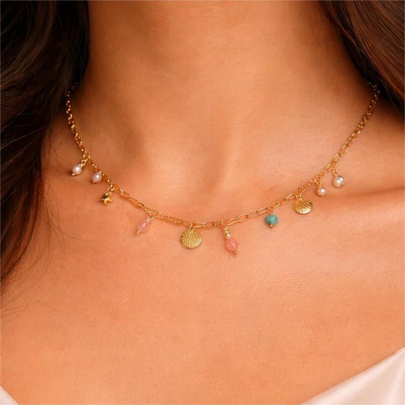 Golden Sprinkle Charm Necklace with colorful charms and pearl details in 18K gold plated finish