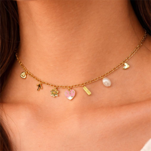 Golden Charm Glow Necklace with heart, pearl, and floral charms dainty gold chain necklace for women elegant minimal jewelry
